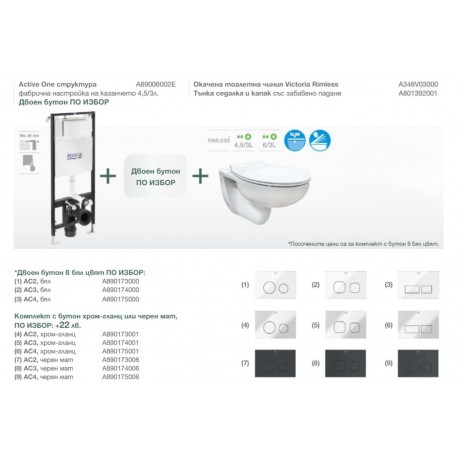 A89006002E Active One + A346V03000 Victoria Rimless + A801392001 Victoria - Комплект Структура за Вграждане и Окачена Тоалетна Чиния  